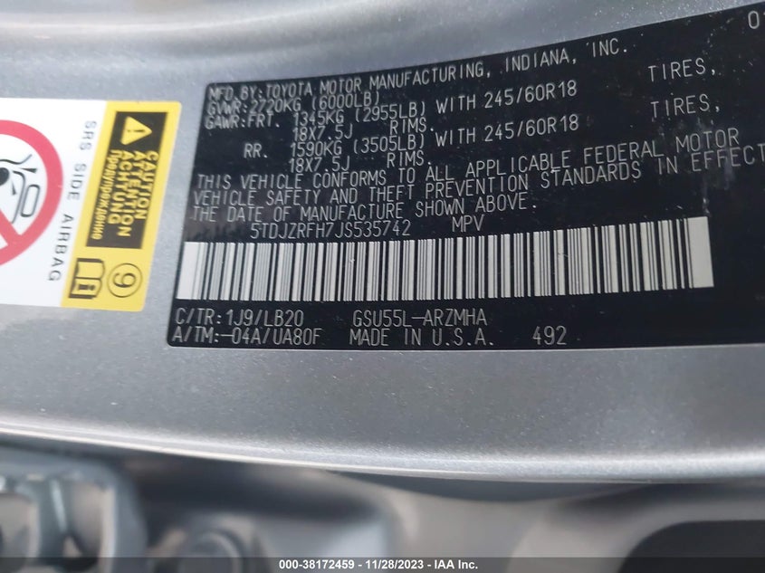 2018 TOYOTA HIGHLANDER VIN: 5TDJZRFH7JS535742
