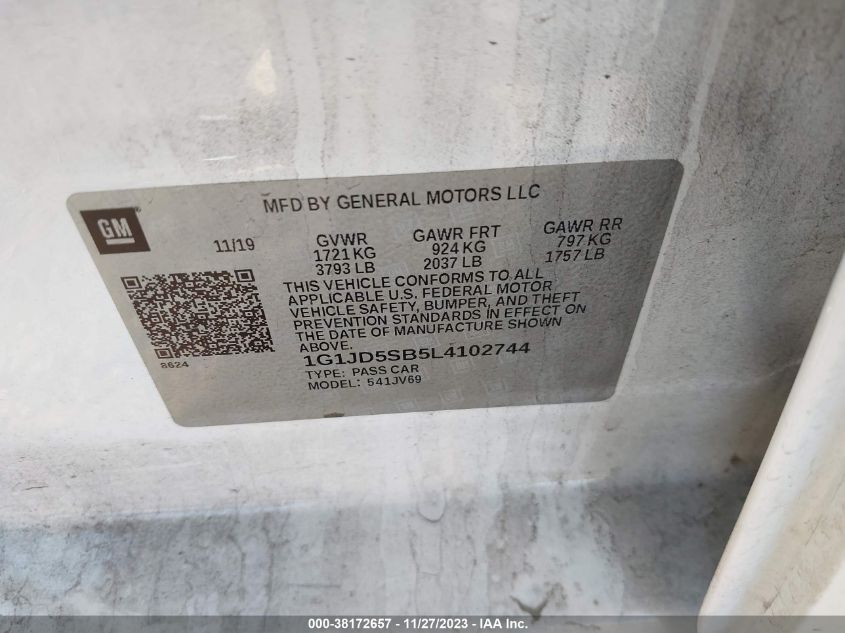 2020 Chevrolet Sonic Fwd Lt VIN: 1G1JD5SB5L4102744 Lot: 38172657