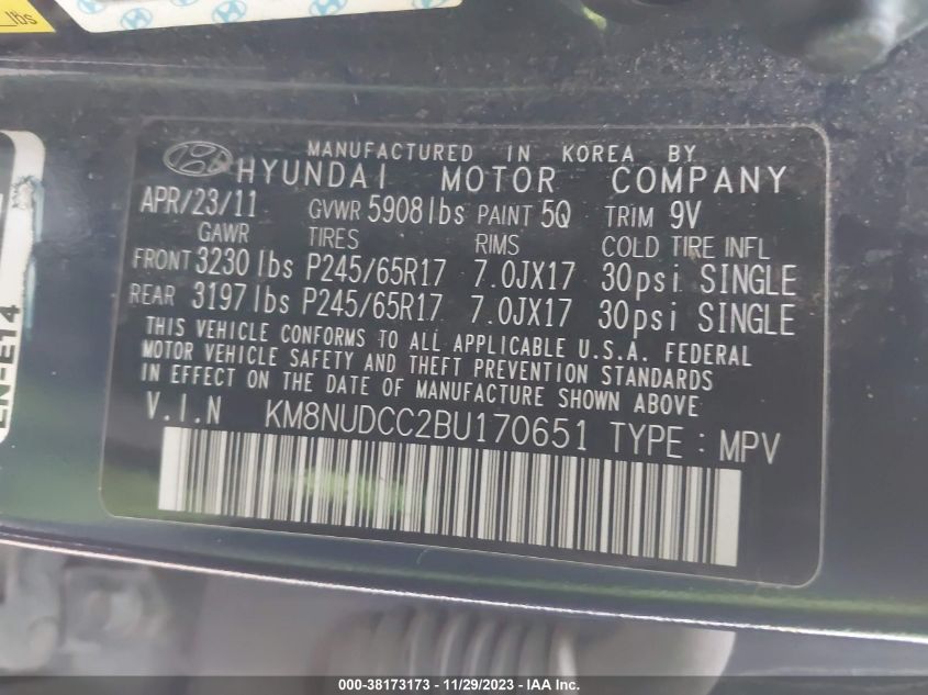 KM8NUDCC2BU170651 2011 Hyundai Veracruz Gls