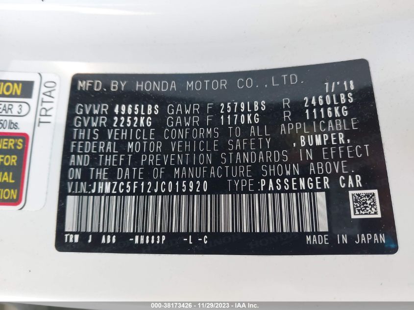 2018 Honda Clarity Plug-In Hybrid VIN: JHMZC5F12JC015920 Lot: 38173426