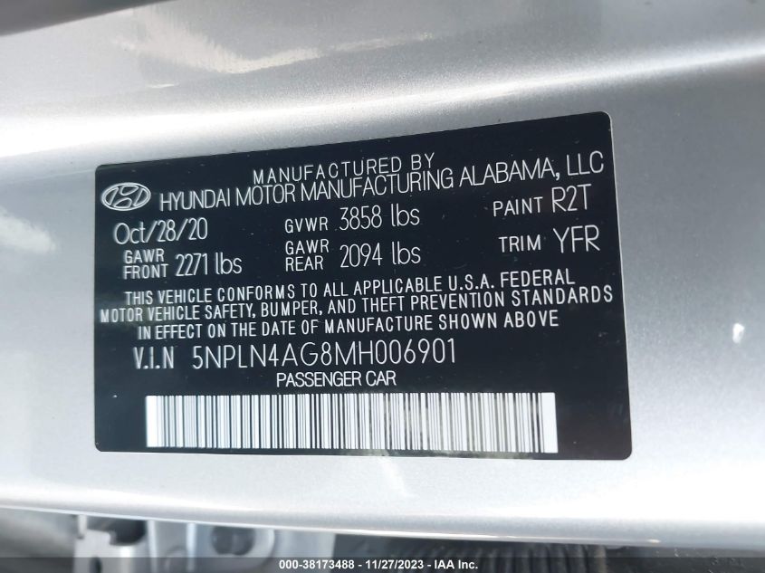 2021 Hyundai Elantra Sel VIN: 5NPLN4AG8MH006901 Lot: 38173488