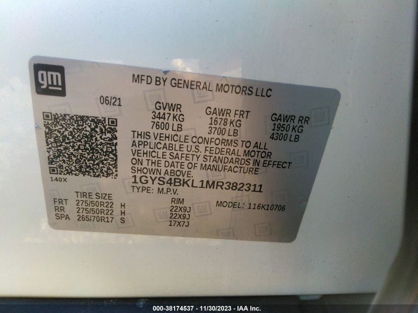 2021 Cadillac Escalade Premium Luxury VIN: 1GYS4BKL1MR382311 Lot: 38611435