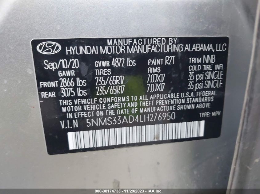 2020 Hyundai Santa Fe Sel VIN: 5NMS33AD4LH276950 Lot: 38174733