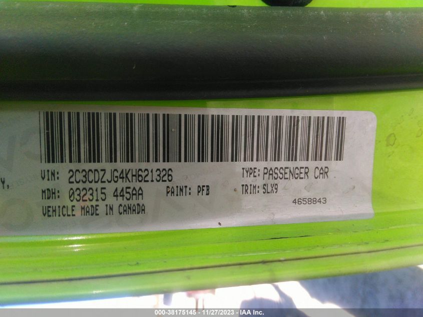 2019 Dodge Challenger Gt VIN: 2C3CDZJG4KH621326 Lot: 38175145