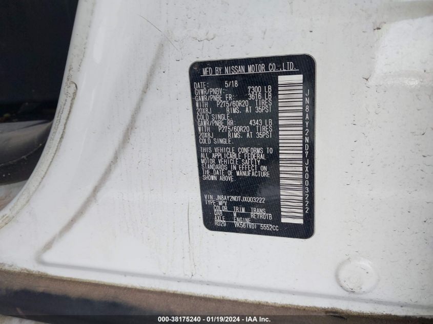 2018 Nissan Armada Sl VIN: JN8AY2ND7JX003222 Lot: 38175240