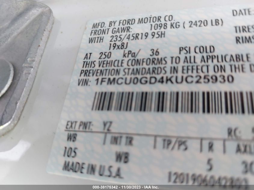 1FMCU0GD4KUC25930 2019 Ford Escape Se