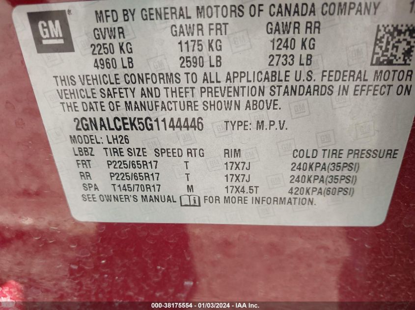 2016 Chevrolet Equinox Lt VIN: 2GNALCEK5G1144446 Lot: 77495533