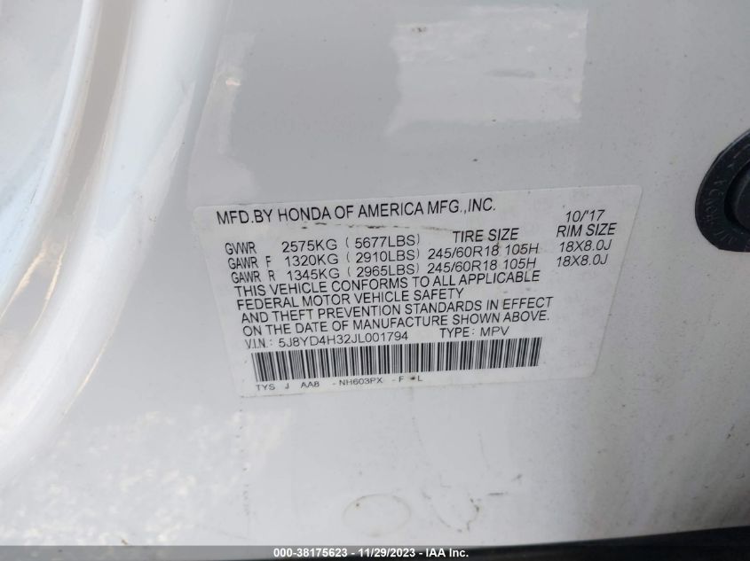 5J8YD4H32JL001794 2018 Acura Mdx