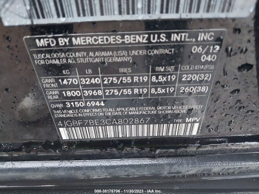 4JGBF7BE3CA802867 2012 Mercedes-Benz Gl 450