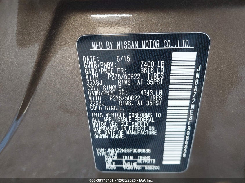 2015 INFINITI QX80 LIMITED VIN: JN8AZ2NE8F9086838
