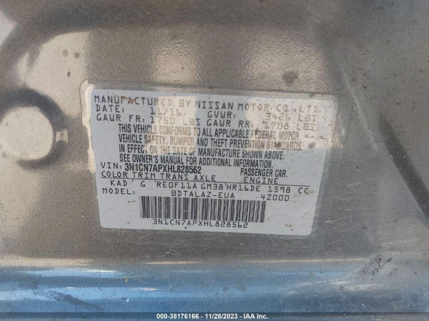 3N1CN7APXHL828562 2017 Nissan Versa 1.6 S+