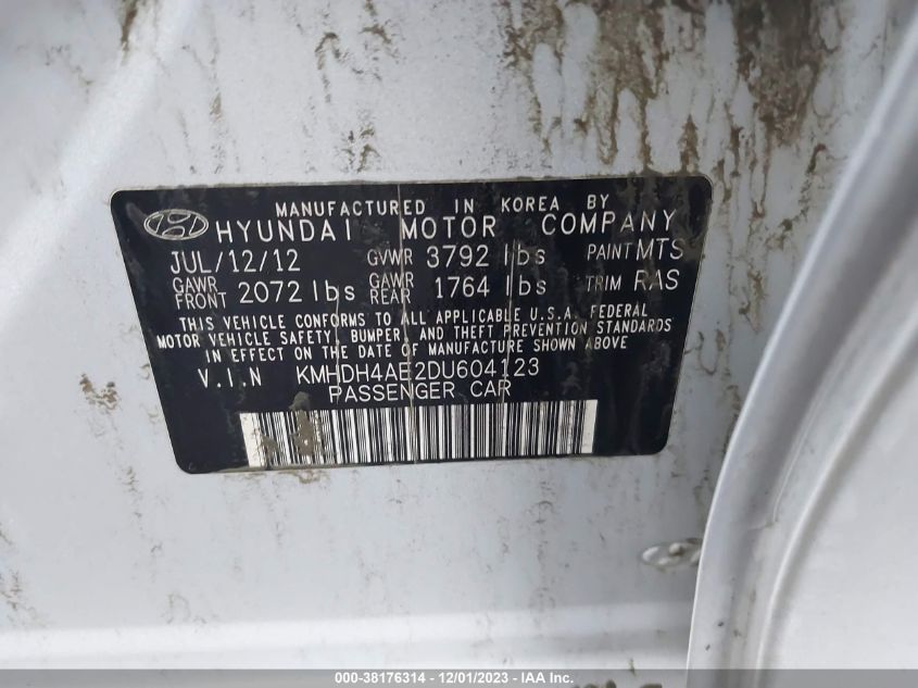 2013 Hyundai Elantra Limited (Ulsan Plant) VIN: KMHDH4AE2DU604123 Lot: 38176314