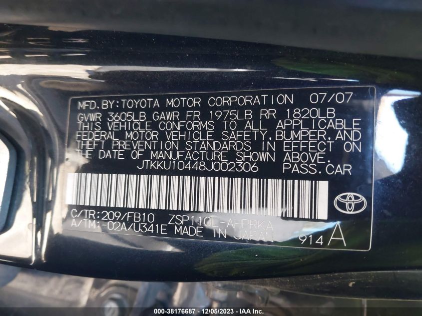 2008 Scion Xd VIN: JTKKU10448J002306 Lot: 38176687