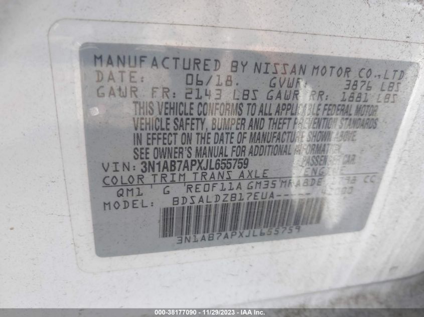 3N1AB7APXJL655759 2018 Nissan Sentra Sv