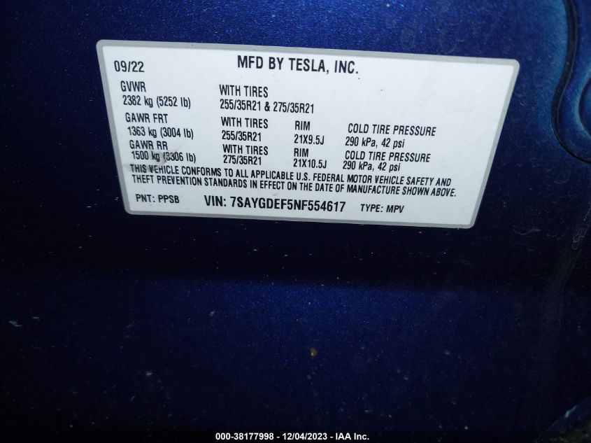 VIN 7SAYGDEF5NF554617 2022 Tesla Model Y, Performan... no.9