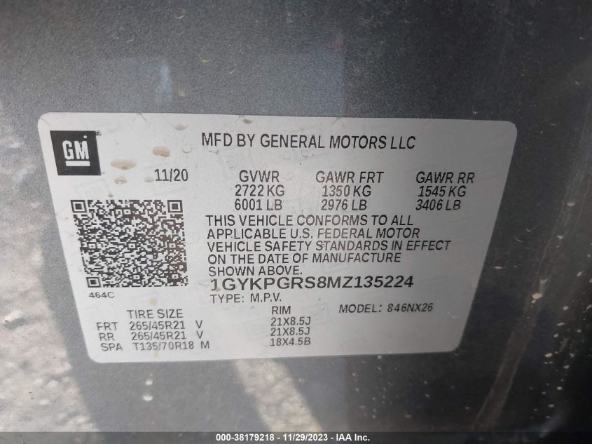 1GYKPGRS8MZ135224 2021 Cadillac Xt6 Sport