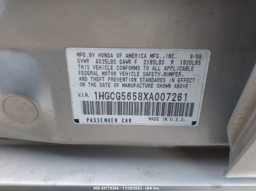 1HGCG5658XA007261 1999 Honda Accord Ex