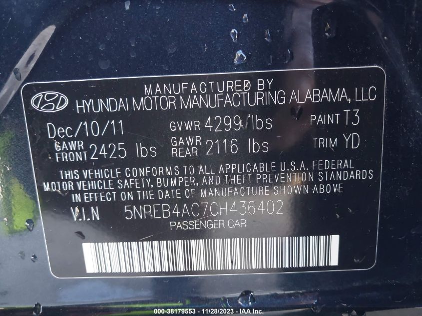 5NPEB4AC7CH436402 2012 Hyundai Sonata Gls