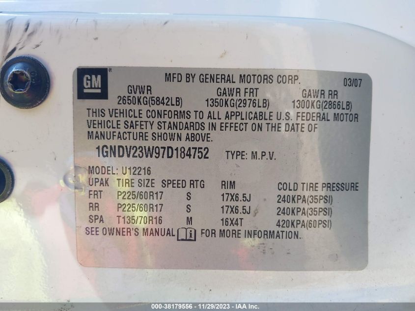 2007 Chevrolet Uplander Ls VIN: 1GNDV23W97D184752 Lot: 38179556