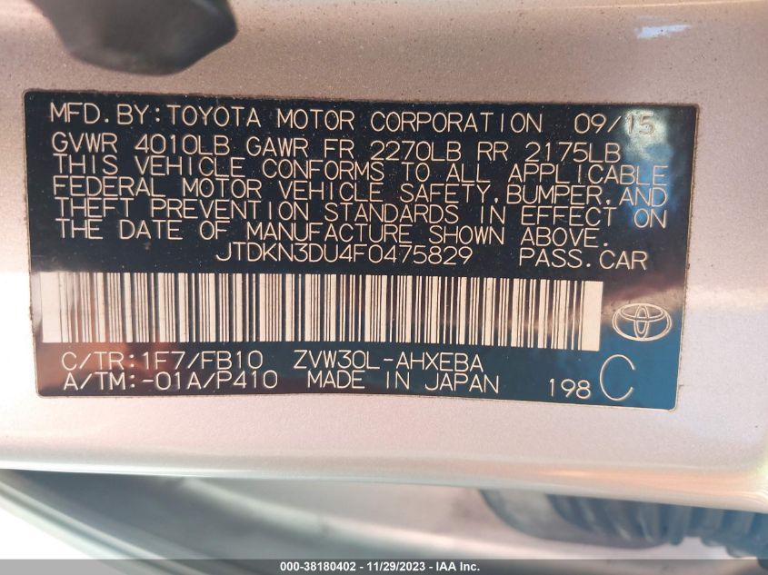 2015 Toyota Prius Two VIN: JTDKN3DU4F0475829 Lot: 38180402