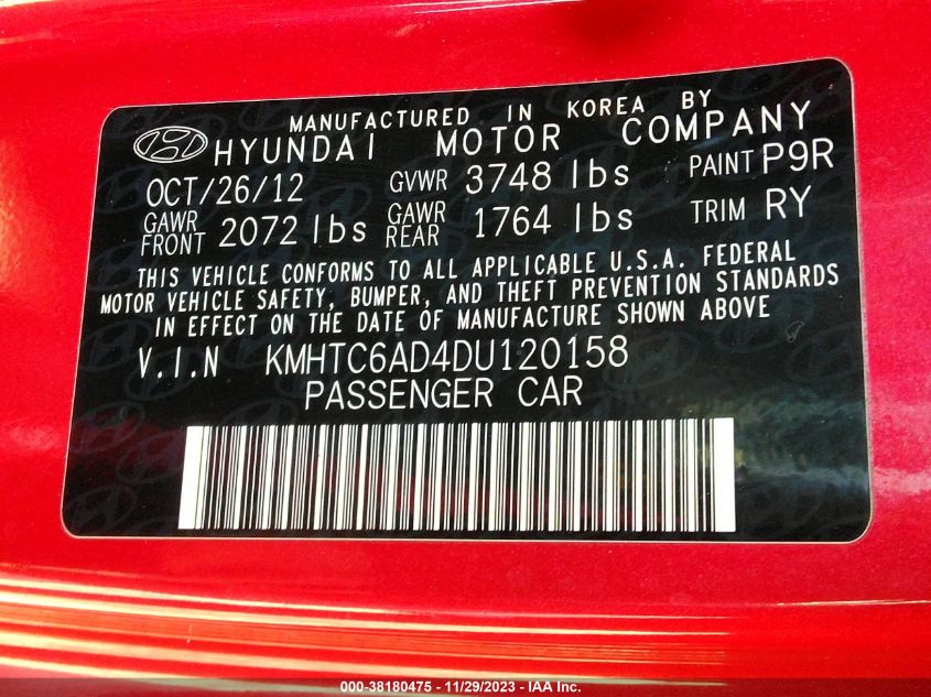 2013 Hyundai Veloster Base W/Gray VIN: KMHTC6AD4DU120158 Lot: 38180475