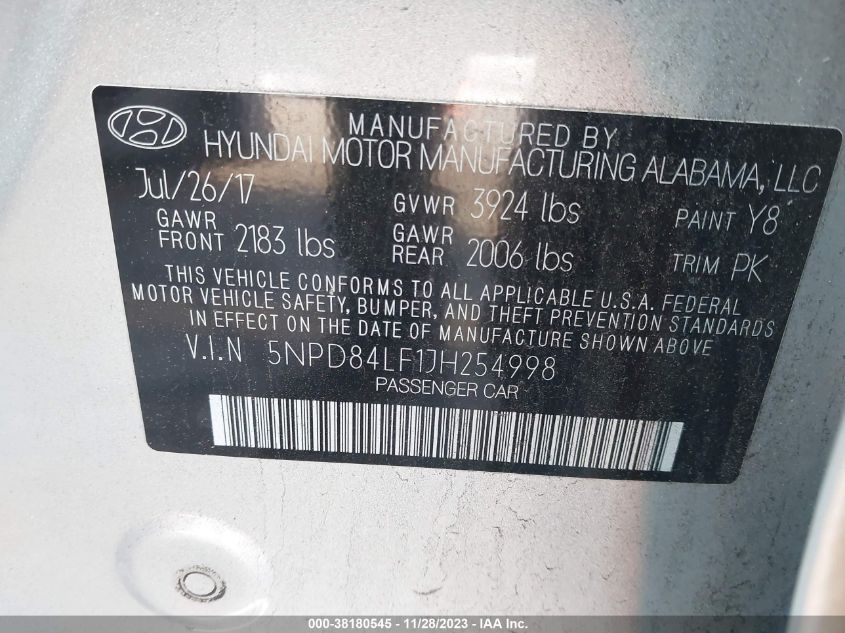 5NPD84LF1JH254998 2018 Hyundai Elantra Sel