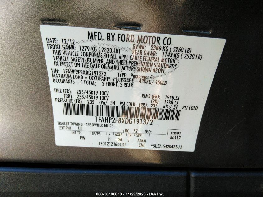 1FAHP2F8XDG191372 2013 Ford Taurus Limited