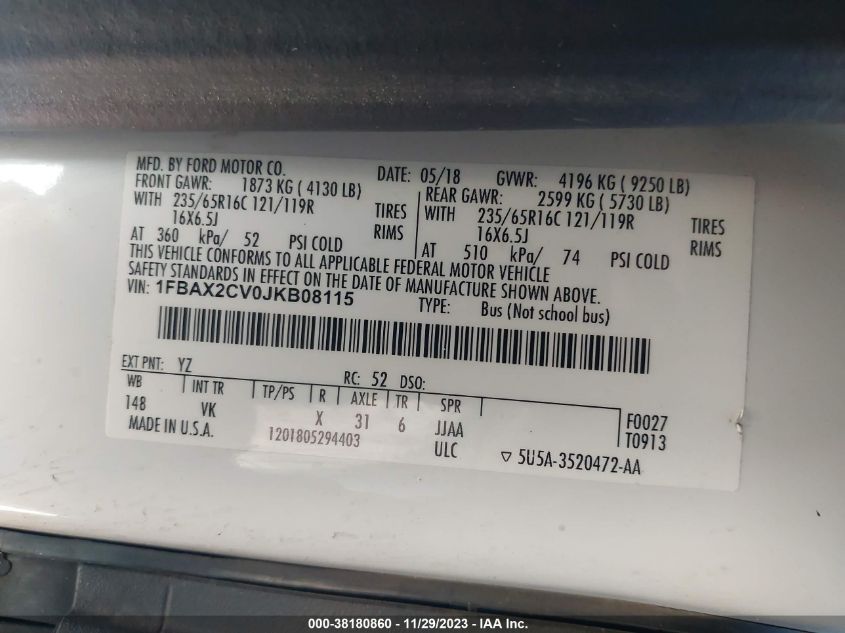 2018 Ford Transit-350 Xl VIN: 1FBAX2CV0JKB08115 Lot: 38180860