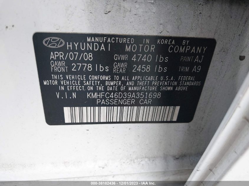 KMHFC46D39A351698 2009 Hyundai Azera Gls