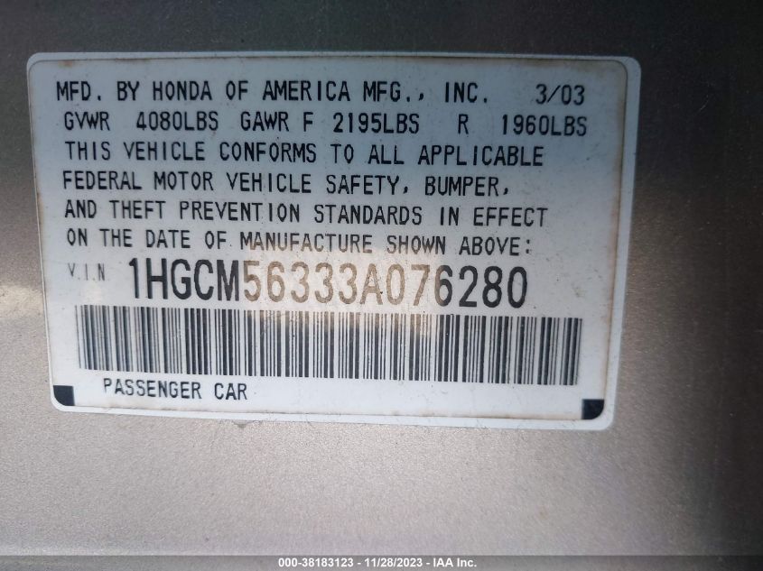 1HGCM56333A076280 2003 Honda Accord 2.4 Lx