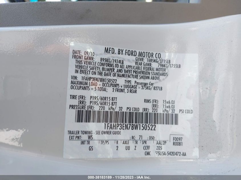 1FAHP3EN7BW150522 2011 Ford Focus S