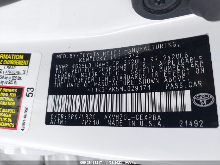 2021 Toyota Camry Xse Hybrid VIN: 4T1K31AK5MU029171 Lot: 38183217