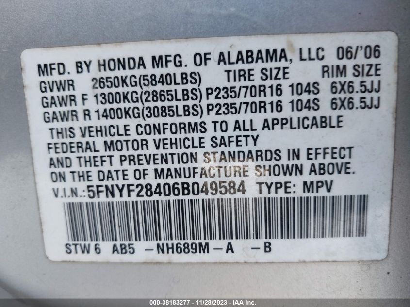 2006 Honda Pilot Ex VIN: 5FNYF28406B049584 Lot: 38183277