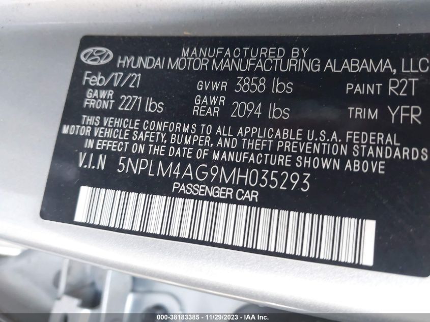 5NPLM4AG9MH035293 2021 Hyundai Elantra Sel