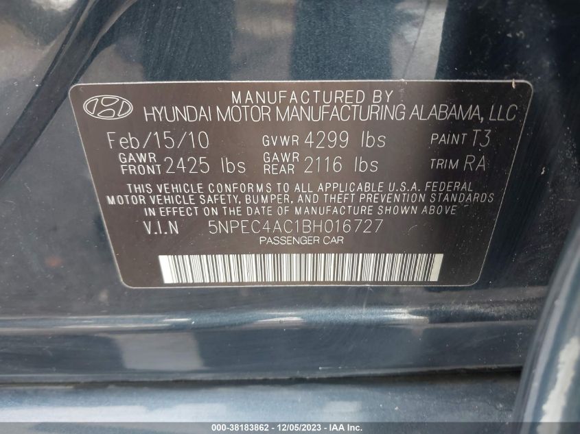 2011 Hyundai Sonata Limited VIN: 5NPEC4AC1BH016727 Lot: 38183862