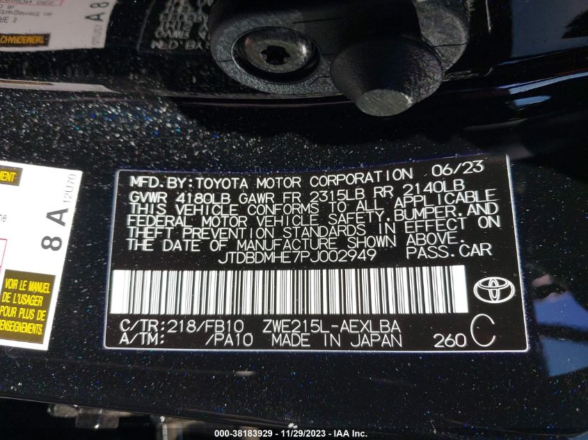 JTDBDMHE7PJ002949 2023 Toyota Corolla Hybrid Le