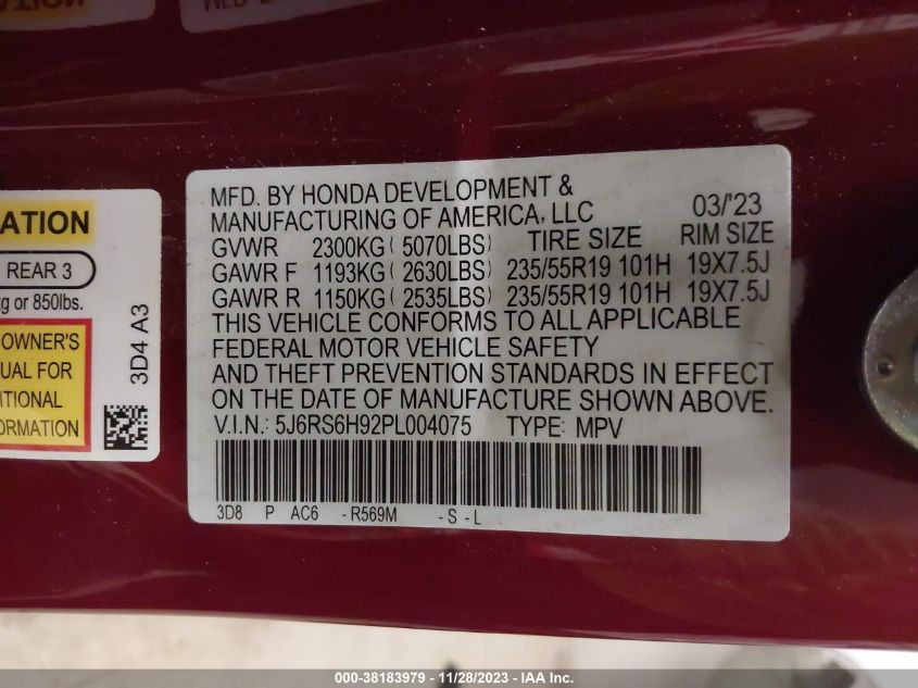 5J6RS6H92PL004075 2023 Honda Cr-V Hybrid Sport Touring