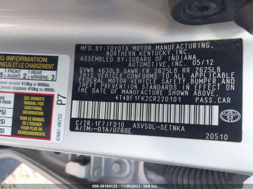 4T4BF1FK2CR220101 2012 Toyota Camry Le