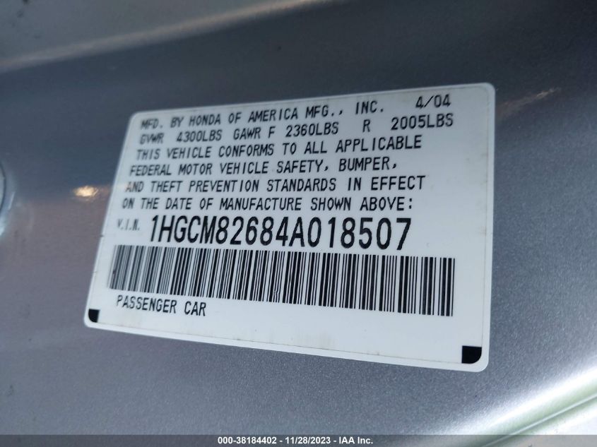 1HGCM82684A018507 2004 Honda Accord 3.0 Ex