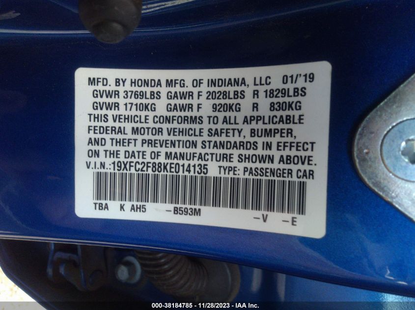 19XFC2F88KE014135 2019 Honda Civic Sport
