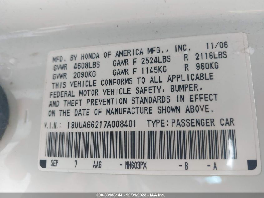 19UUA66217A008401 2007 Acura Tl 3.2