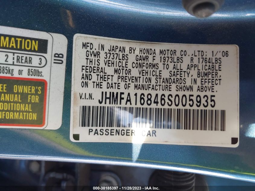 JHMFA16846S005935 2006 Honda Civic Ex