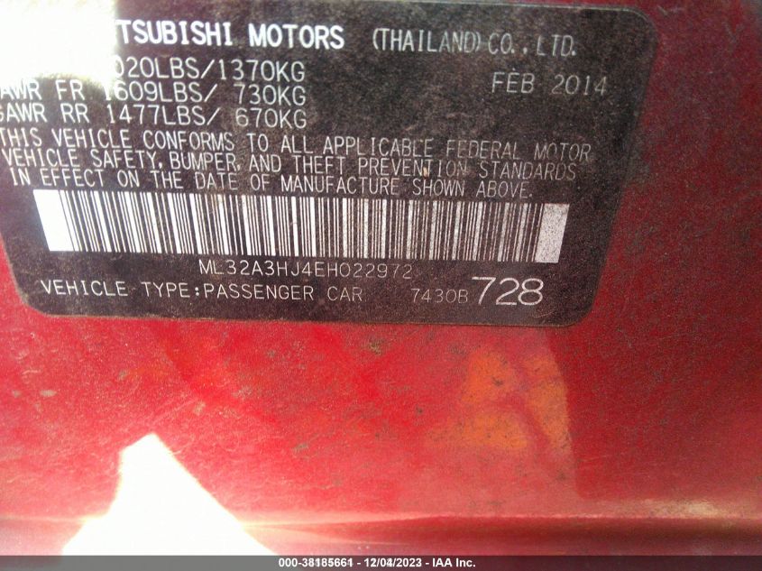 ML32A3HJ4EH022972 2014 Mitsubishi Mirage De