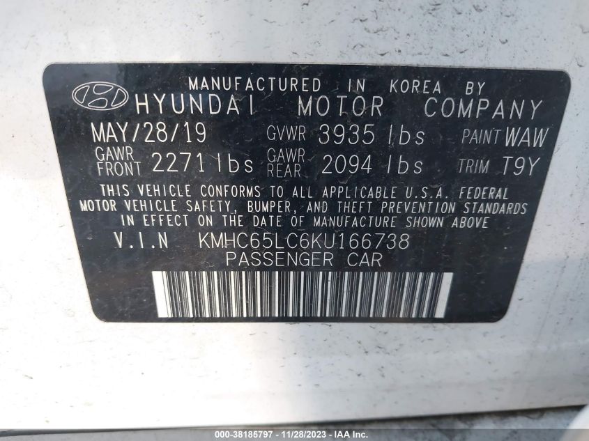 KMHC65LC6KU166738 2019 Hyundai Ioniq Hybrid Blue