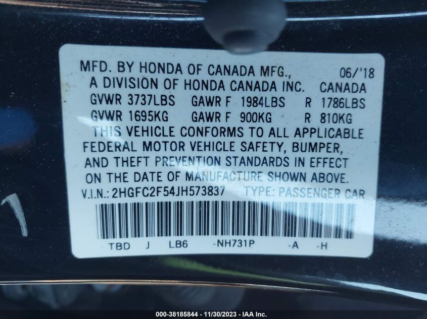 2HGFC2F54JH573837 2018 Honda Civic Lx