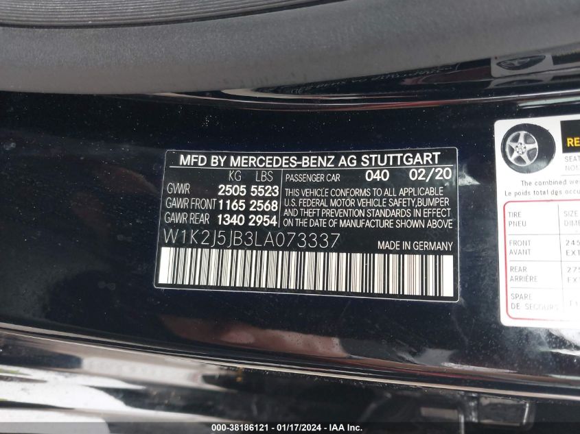 2020 Mercedes-Benz Cls 450 VIN: W1K2J5JB3LA073337 Lot: 38186121