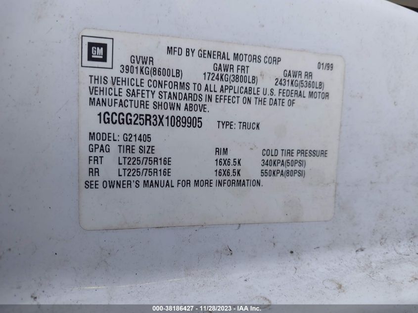 1999 Chevrolet Express VIN: 1GCGG25R3X1089905 Lot: 38186427