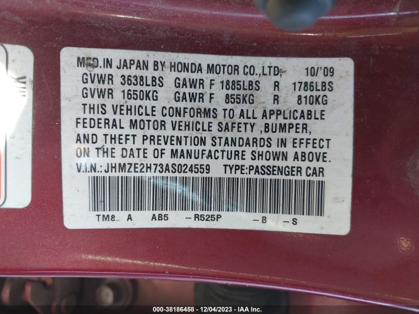 2010 Honda Insight Ex VIN: JHMZE2H73AS024559 Lot: 38186458