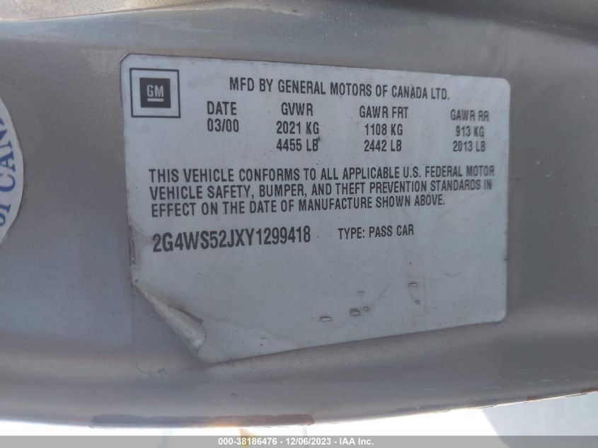 2000 Buick Century Custom VIN: 2G4WS52JXY1299418 Lot: 38186476