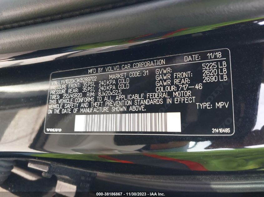 2019 Volvo Xc60 T5 Momentum VIN: LYV102DK3KB289702 Lot: 38186867